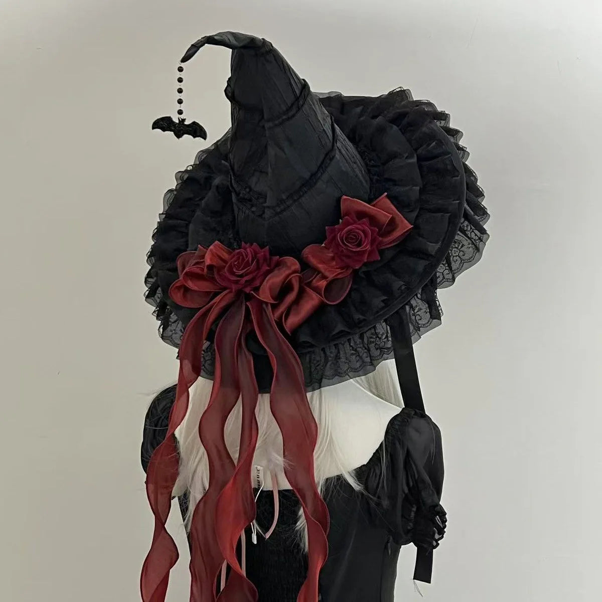 Gothic Witch's Hat Black Ruffled Lace Rose Bow Ribbon Halloween Party Cosplay Costume Props Decor