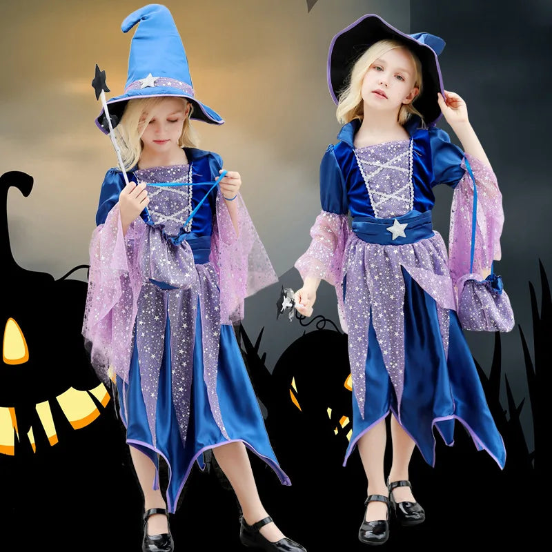 Girls Witch Outfit Halloween Party Costumes for Kids Dress Up With Bag Hat Wand