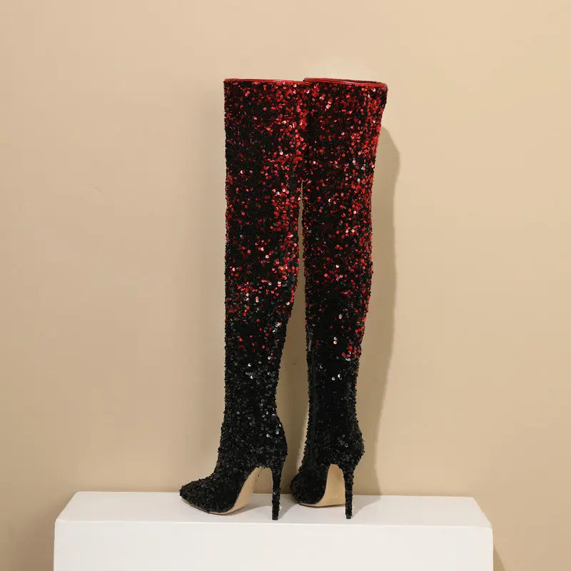 Galaxy Thigh High Boots Gradient Sequin Stretch Boots 11CM Heels