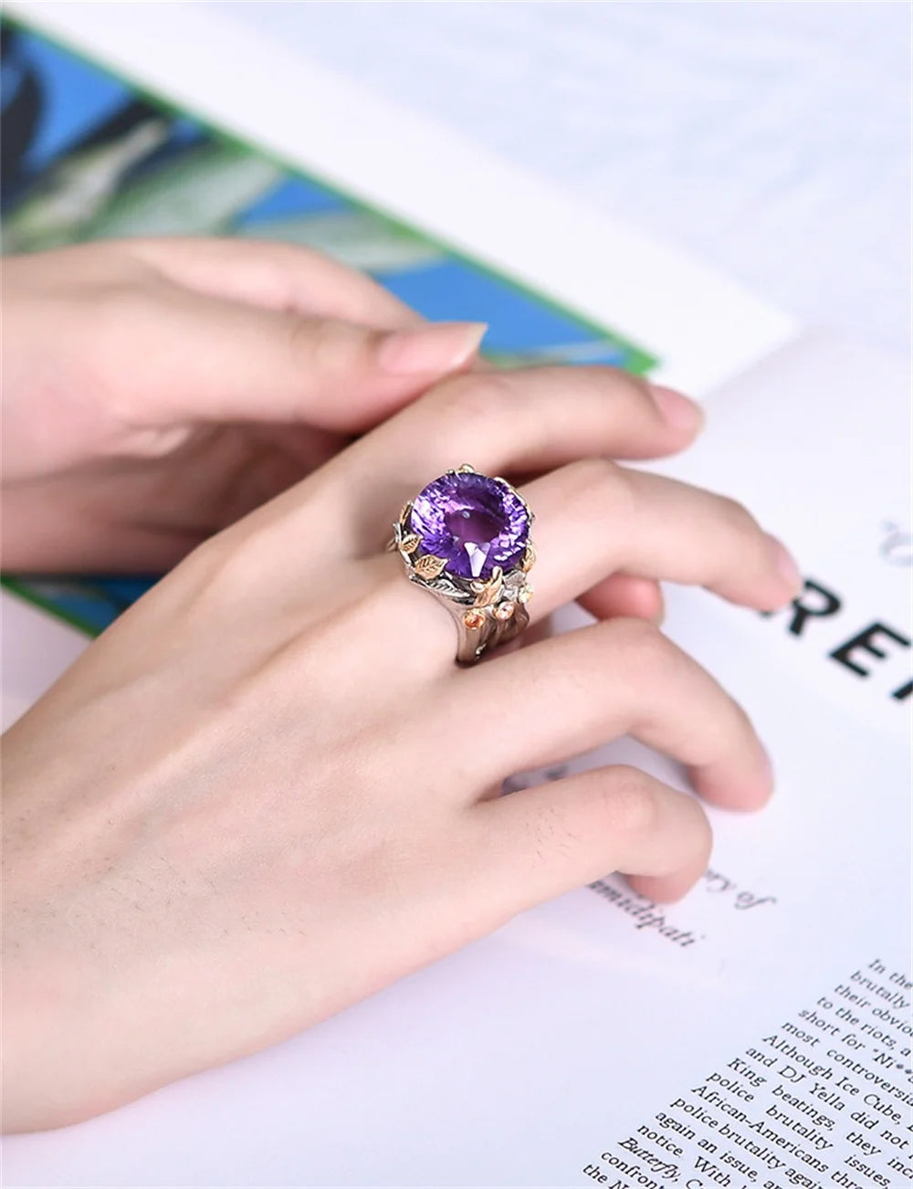The Weaver's Treasures S925 Sterling Silver Rings Golden Leaves Natural Amethyst Tourmaline