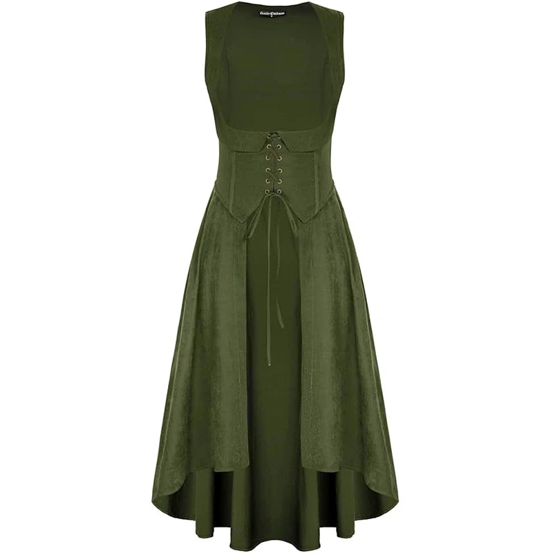 Medieval Renaissance Lace-Up Vest Dress Irregular Hem Overlayer Dress Cosplay Costume