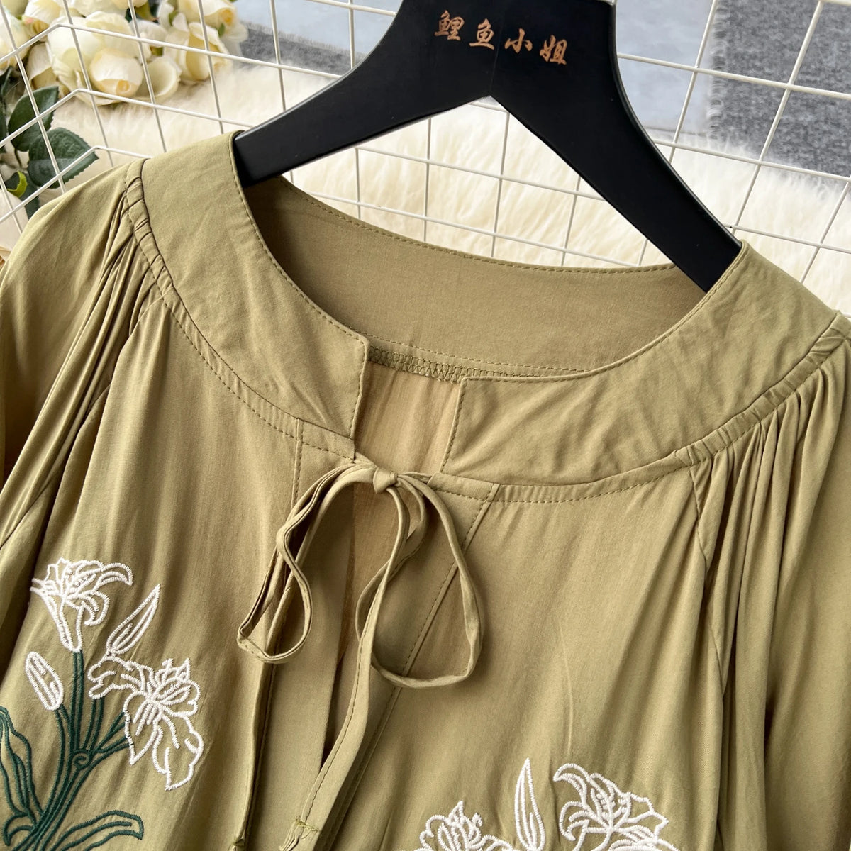 Olive's Embroidered Long Sleeve Shirt Dress