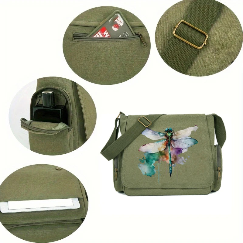 Watercolour Dragonfly Print Canvas Shoulder Bag Crossbody Messenger Bag