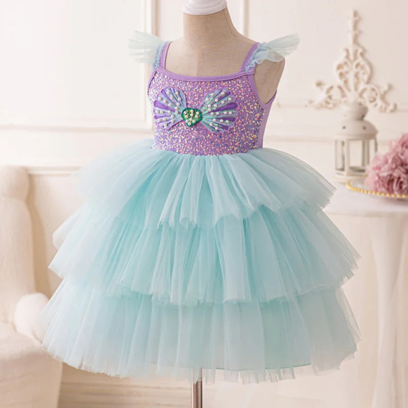 Girl's Shell Pearl Sequin Tulle Mermaid Cake Layer Party Dress