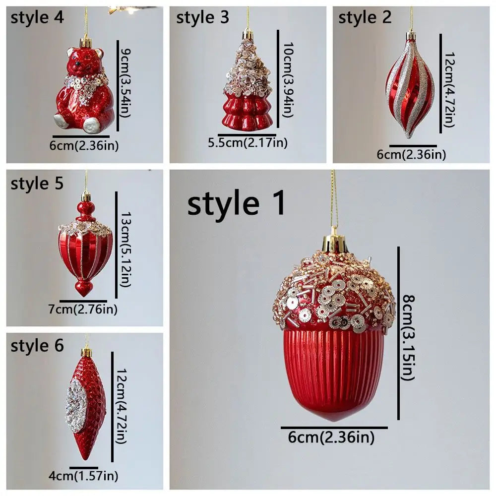Red Christmas Tree Ornaments Shatterproof Plastic Glitter Little Bear Balls Acorn