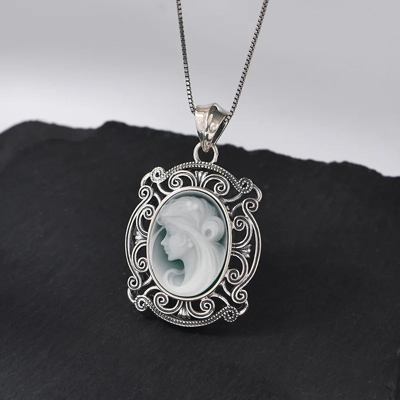 Kindred Spirit S925 Sterling Silver Pendants Blue Agate Portrait Jewelry