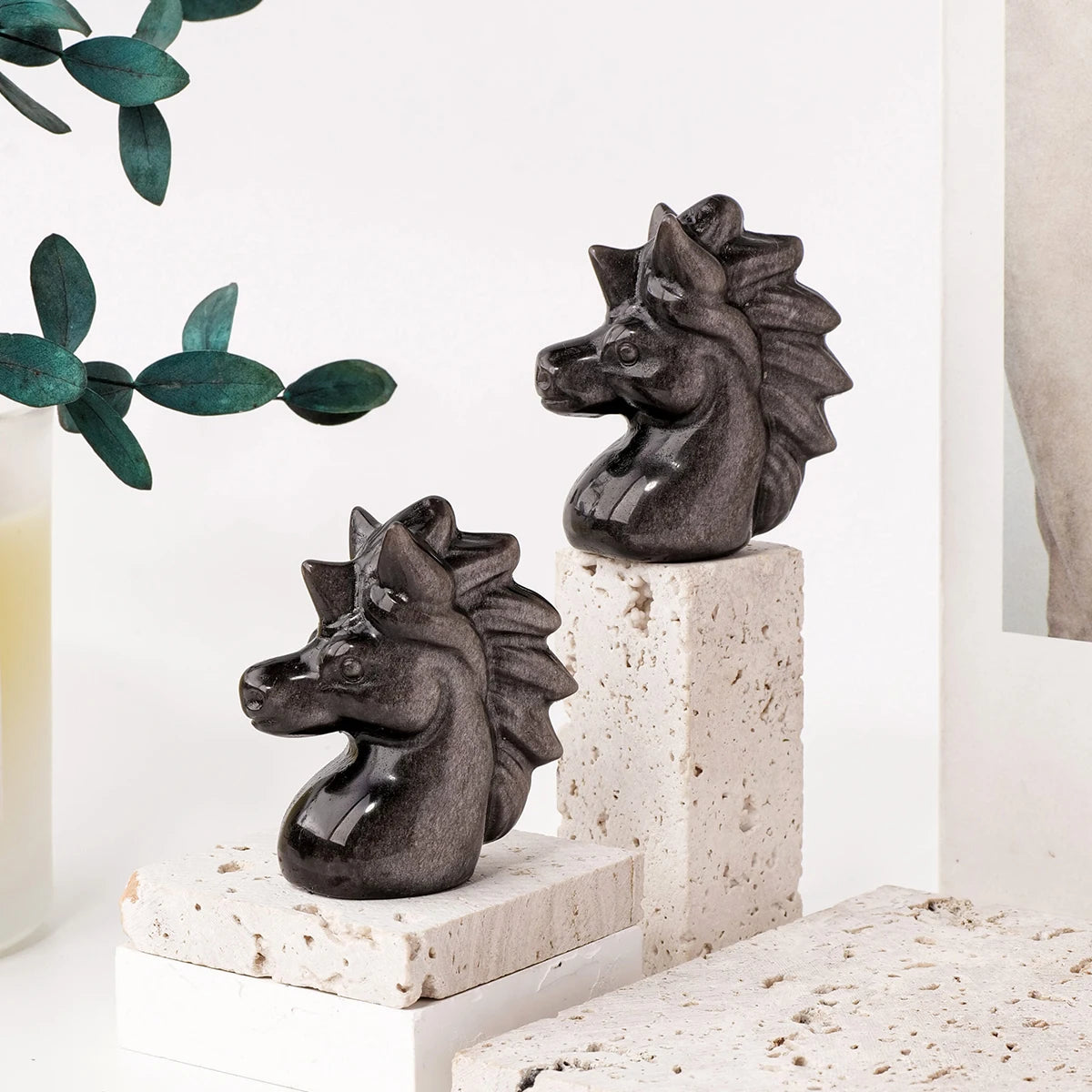 1PC Natural Silvery Obsidian Little Horse Head Crystal Statue