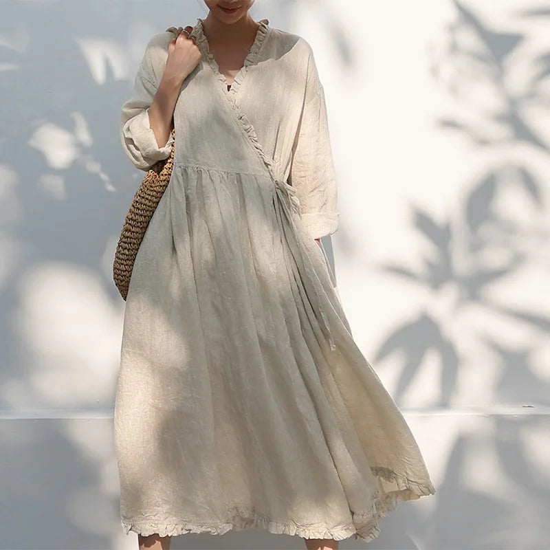 Evie's Vintage French Style Cotton Linen Dress Long Sleeveless Loose Wrap