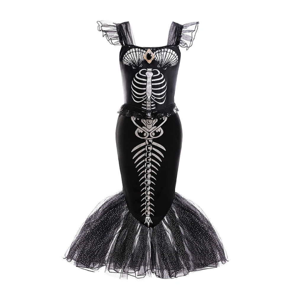 Halloween Mermaid Skeleton Costume Sets Gothic Girls Black Dress