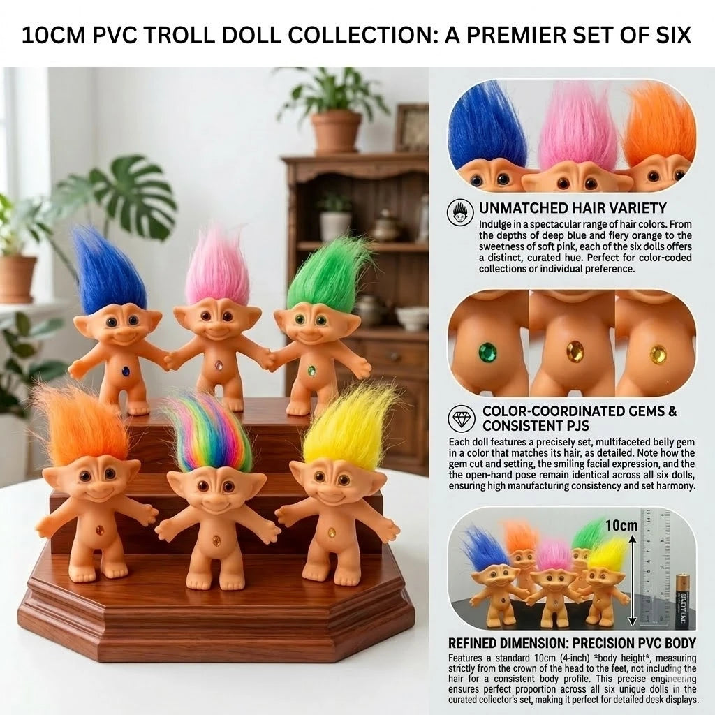 Vintage 6pcs Troll Doll Set With Gem Belly Mini Pvc Classic Dolls Retro Toy For Collection & Kids' Gift