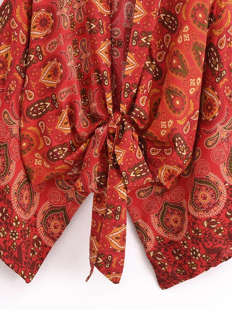 Nuri's Boho Short Kimono Red Floral Wrap Top
