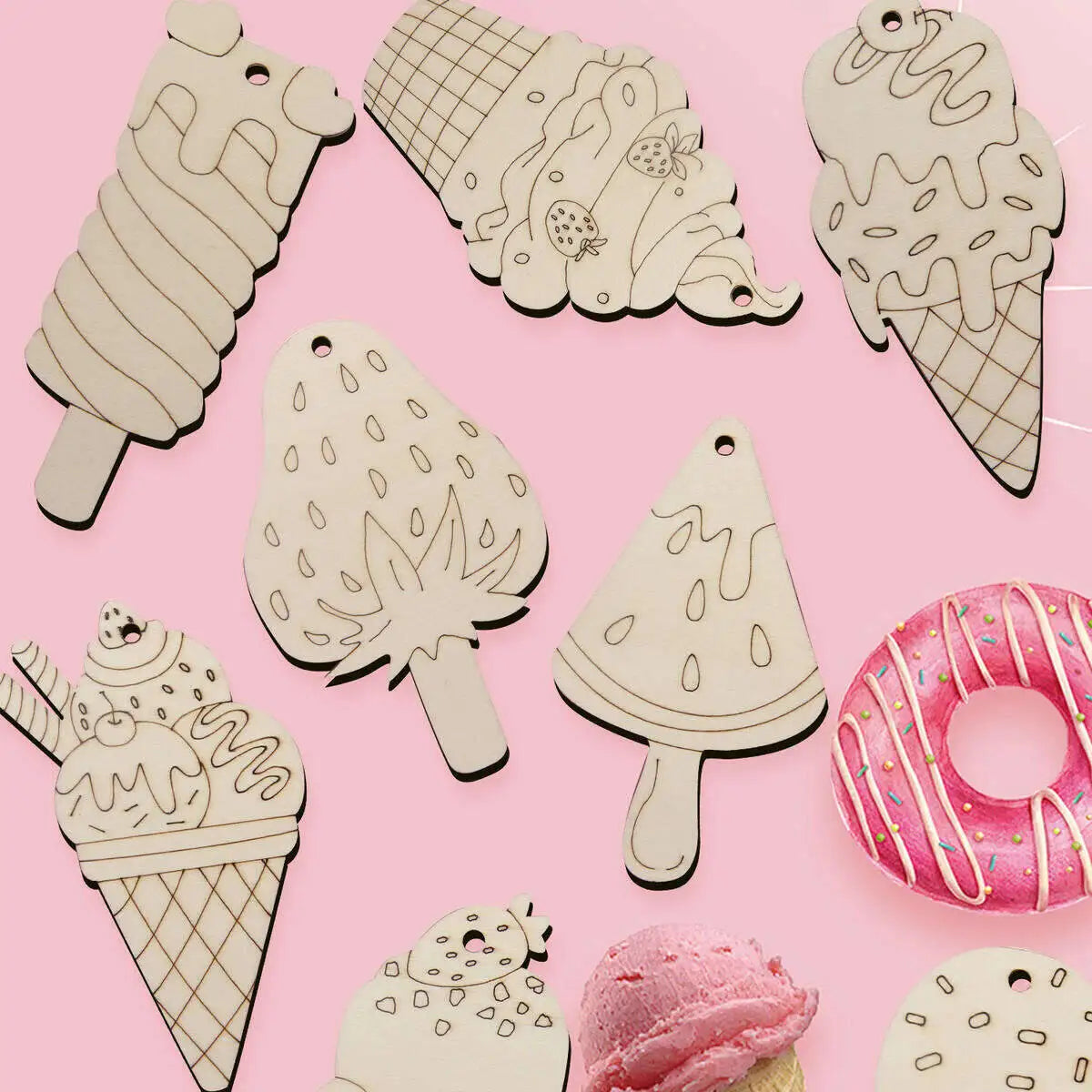 16Pcs Icecream Wooden Crafts Project Unpainted Hanging Ornaments Kids DIY Painting Gifts