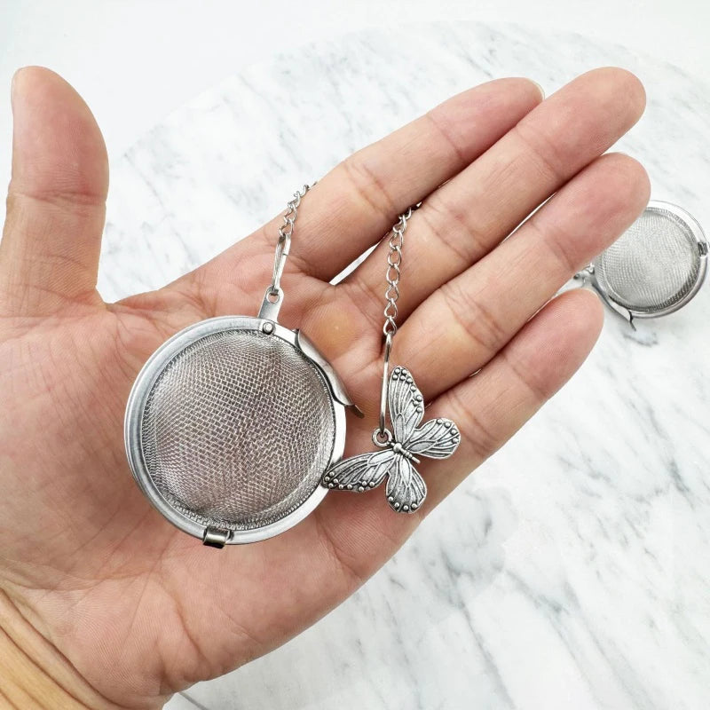 Set of Two Stainless Steel Tea Infusers Butterfly Bee Charm Chain Mesh Ball Tea Strainer