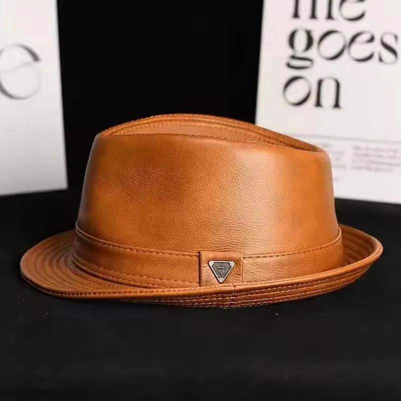 Genuine Leather Cowhide Short Brim Black/Brown Hat
