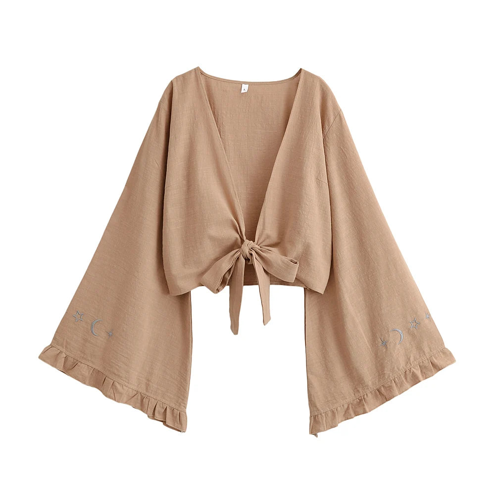 Boho Star Moon Embroidered Short Kimono Wrap Top Ruffled Flare Sleeves Cover-ups