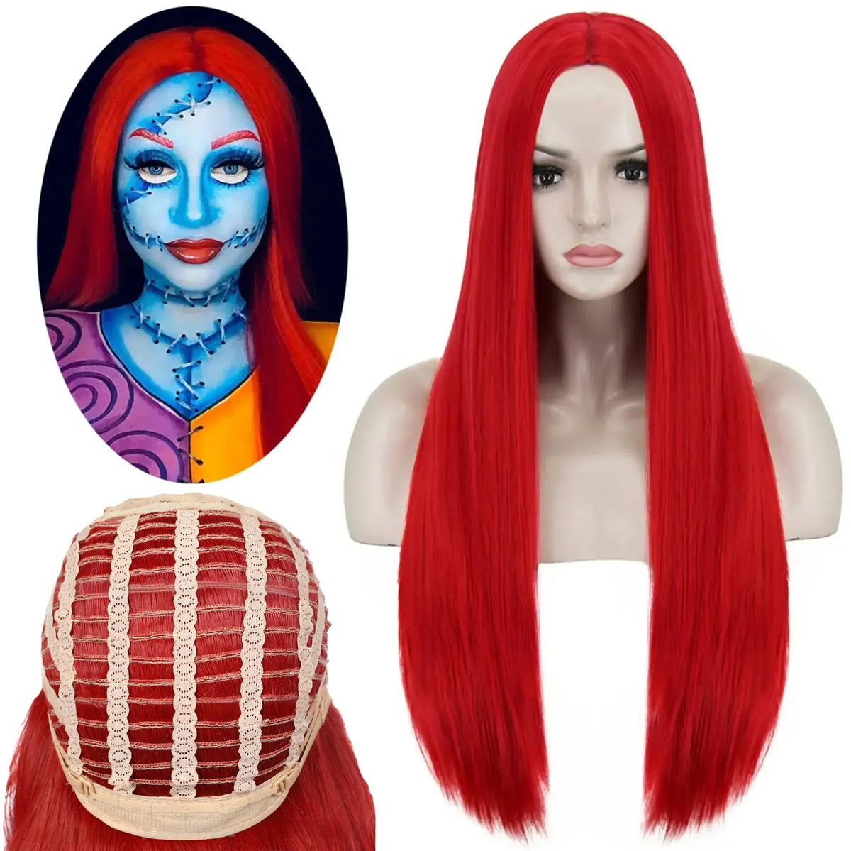 Red Sally Wig Costume The Nightmare Before Christmas Long Straight Red Synthetic Hair
