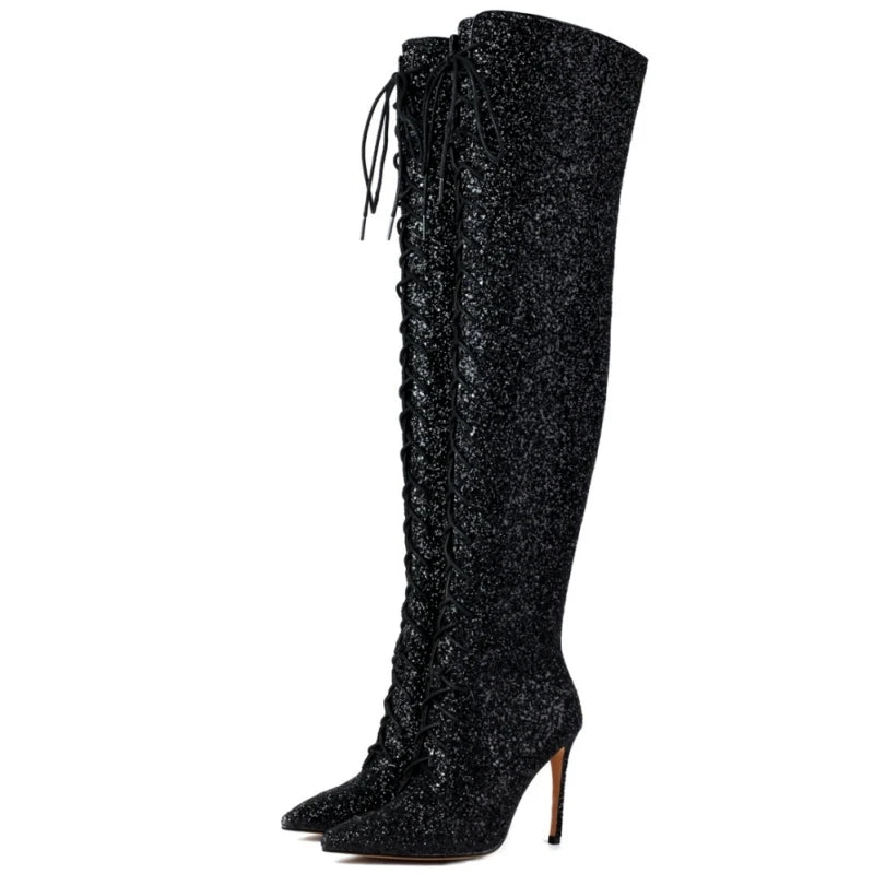 Gold Silver Red Lace-Up Over the Knee High Stiletto Boots