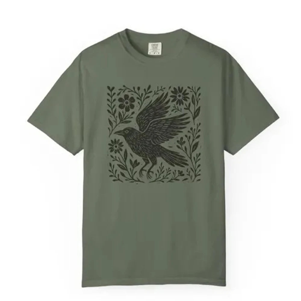 Folklore Crow Lino Print Cotton T-Shirt Folk Art Linocut