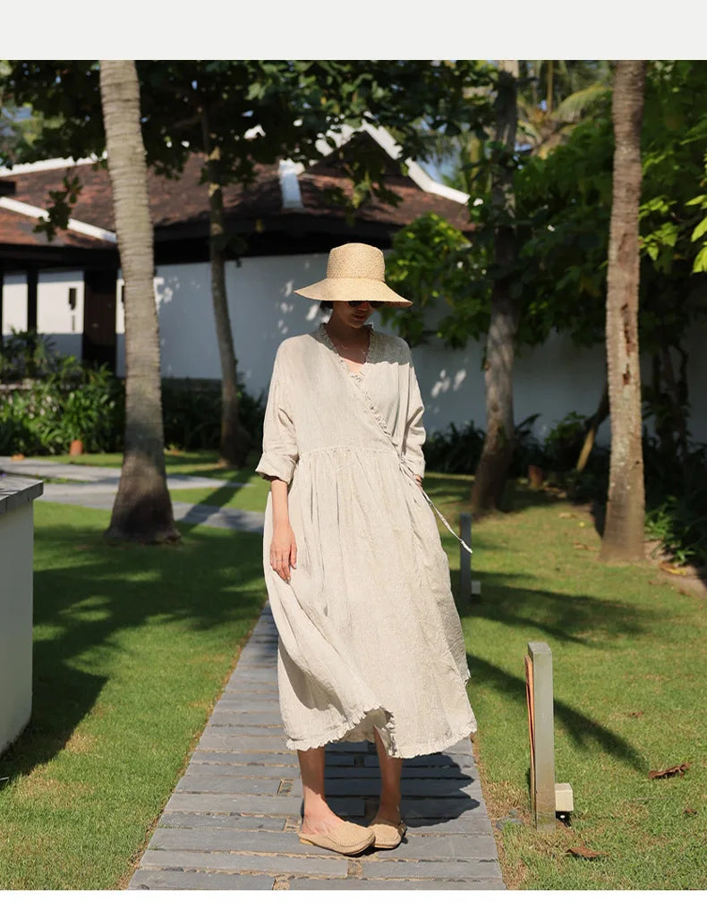 Evie's Vintage French Style Cotton Linen Dress Long Sleeveless Loose Wrap