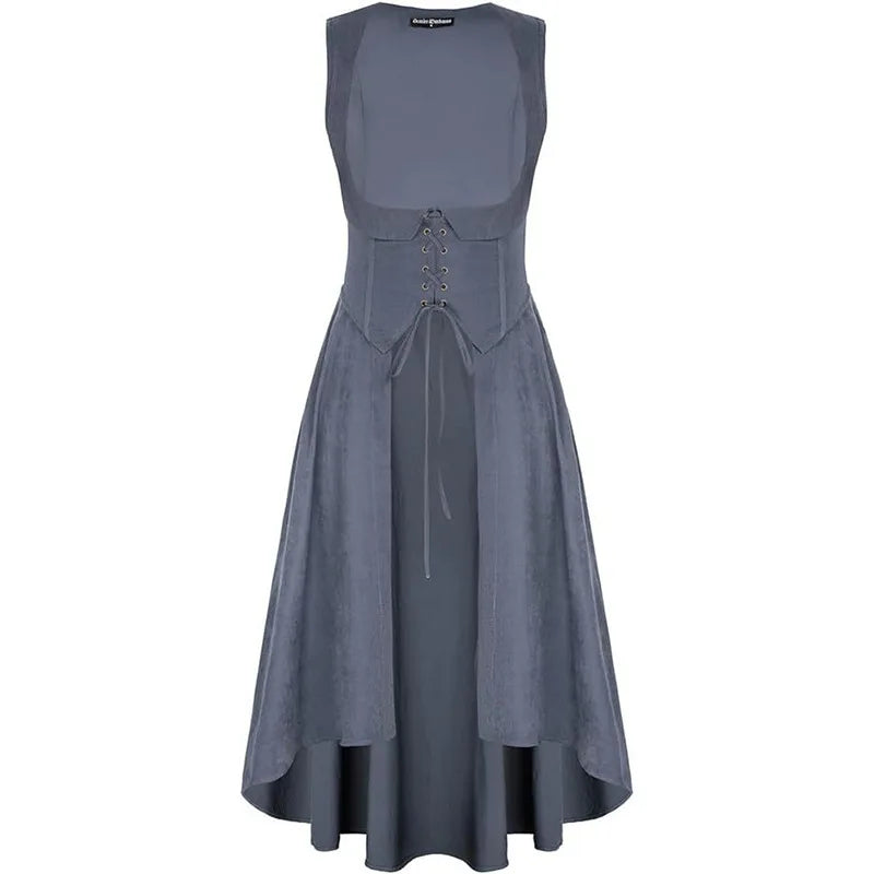 Medieval Renaissance Lace-Up Vest Dress Irregular Hem Overlayer Dress Cosplay Costume