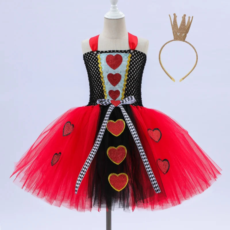 Girls Queen of Hearts Costume Kids Halloween Dress Up Tutu Dress with Crown Wonderland Red Queen