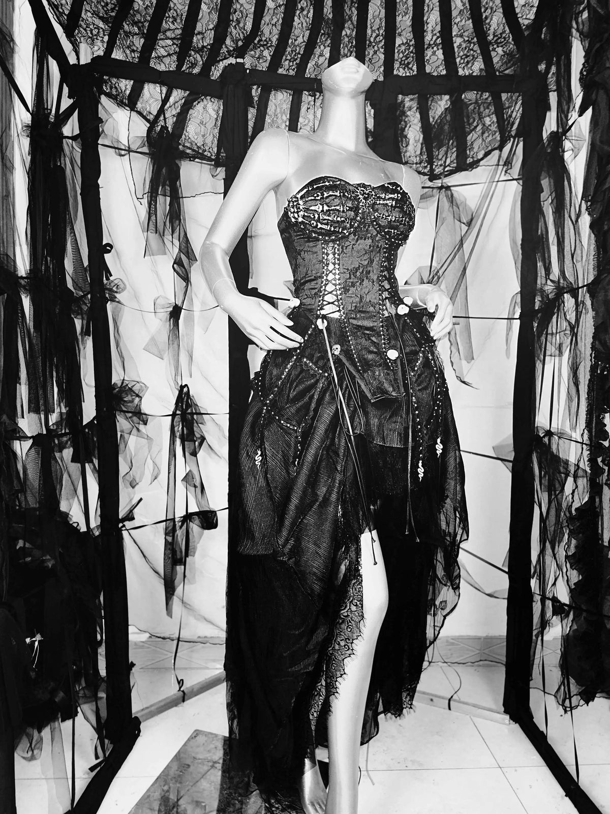 Pure Black Gothic Black Skeleton Hands Laced Corset Top