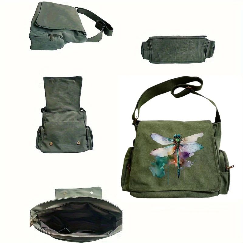 Watercolour Dragonfly Print Canvas Shoulder Bag Crossbody Messenger Bag