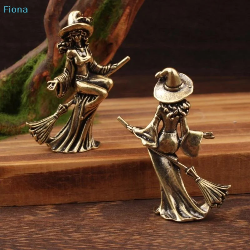 Brass Witch on Broom Figurine Tea Pet
