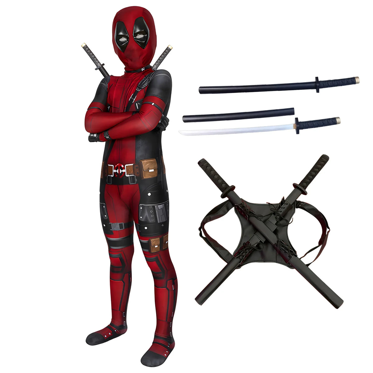 Deadpool Costume Kids Superhero Child Cosplay Halloween Costume Swords Kids Jumpsuit