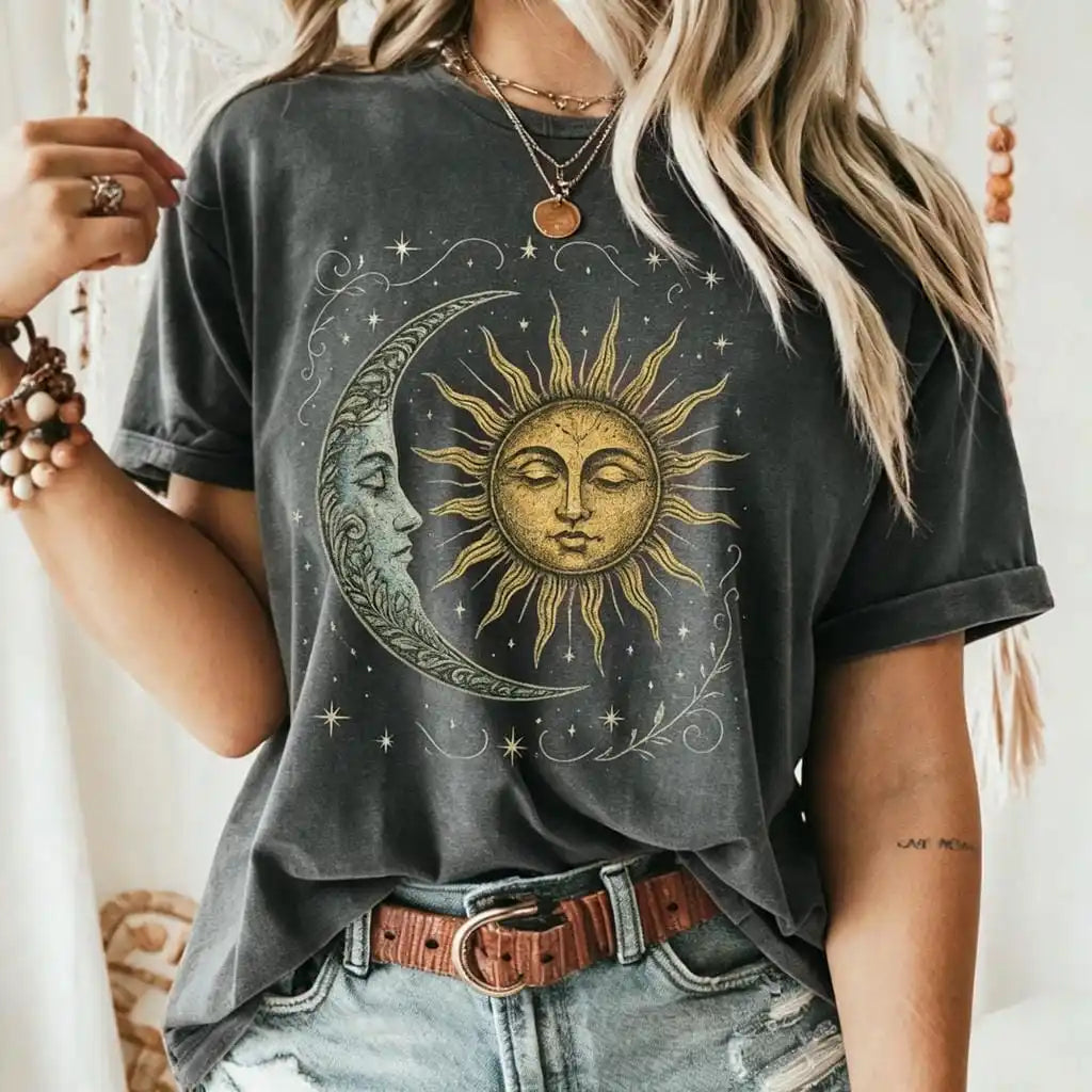 Boho Celestial Moon and Radiant Sun Cotton T-shirt