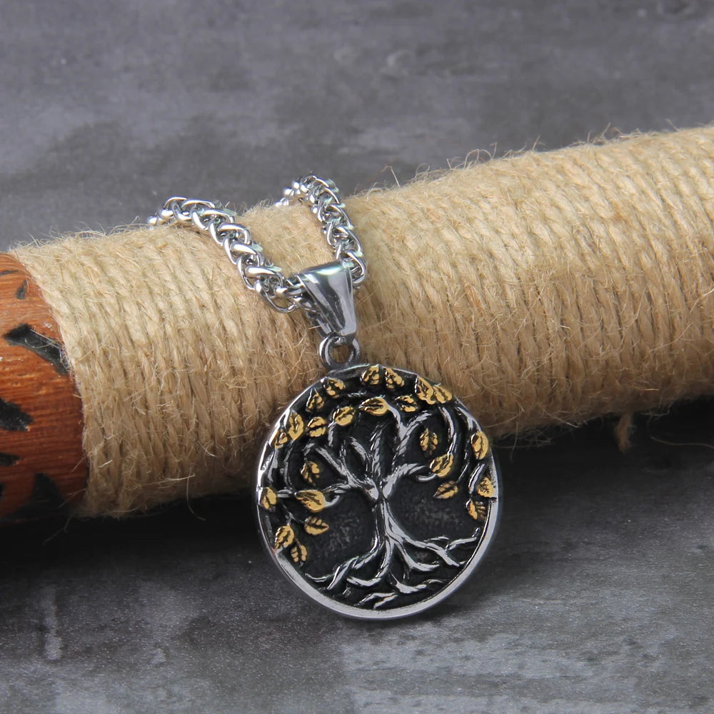 Tree of Life Amulet Stainless Steel Pendant Necklace with Wooden Gift Box