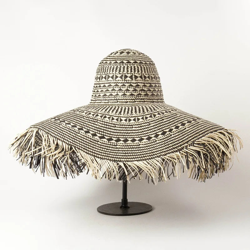 Black and White Large Brim Floppy Straw Summer Hats