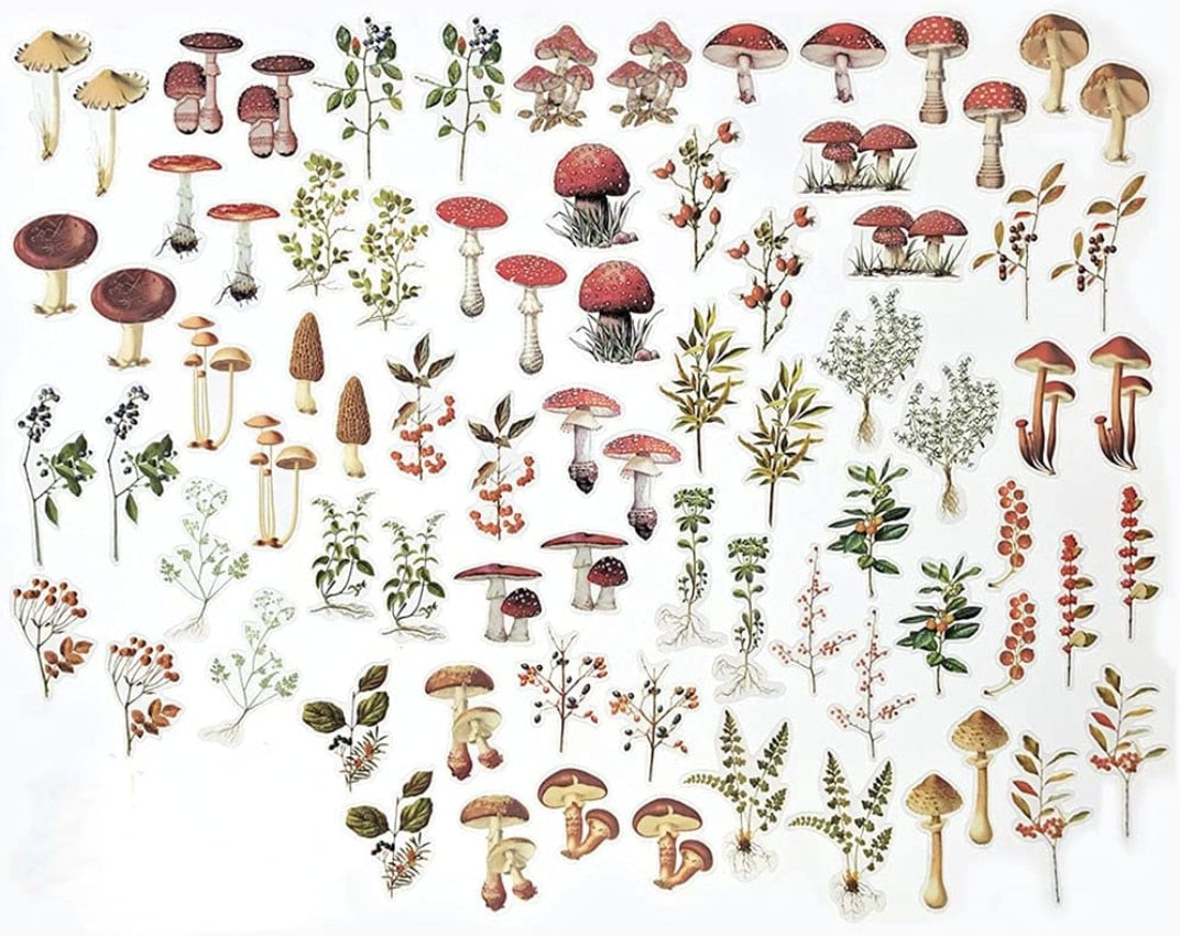80 PCS Mushrooms Plant Stickers Set PET Transparent Nature Stickers for Scrapbooking