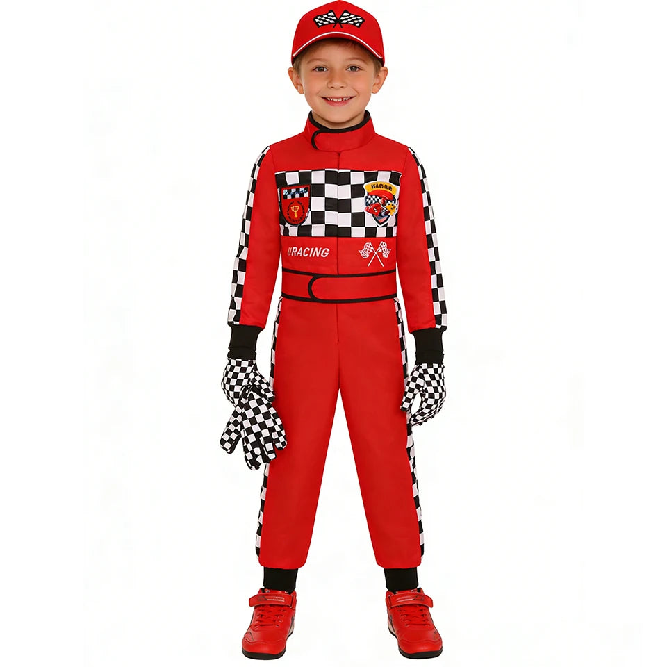 Kids Racer Costume Set Halloween Cosplay Checkered Racing Jumpsuit Boys Book Week Costumes