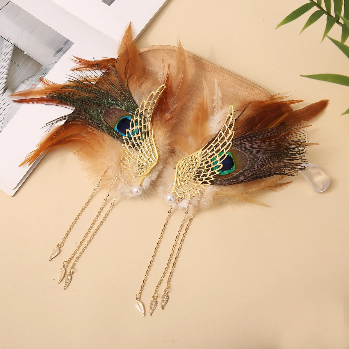 Pair of Peacock Hair Wings Hairpin Clips