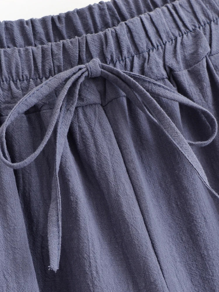 Sun Moon Embroidered Linen Cotton Baggy Pants Side Pockets Loose Yoga Wear