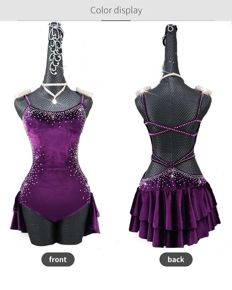 Purple Velvet Latin Dance Competition Bustle Dress Line Skirts Stage Costume