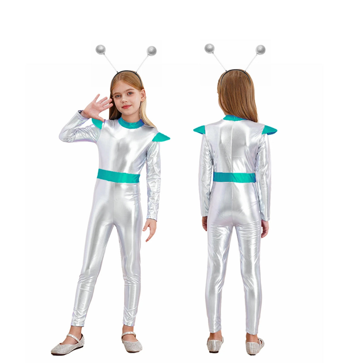 Girls Boys Alien Costume Shiny Metallic Full Body Suit Space Astronaut Robot Halloween Dress Up