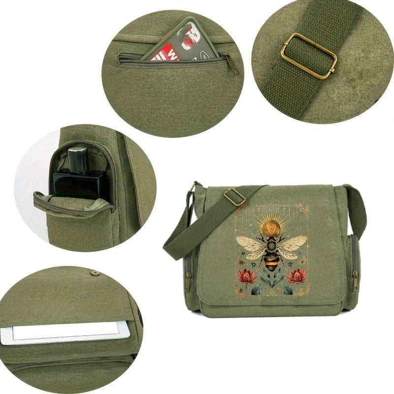 Golden Bee Print Canvas Shoulder Bag Crossbody Messenger Bag