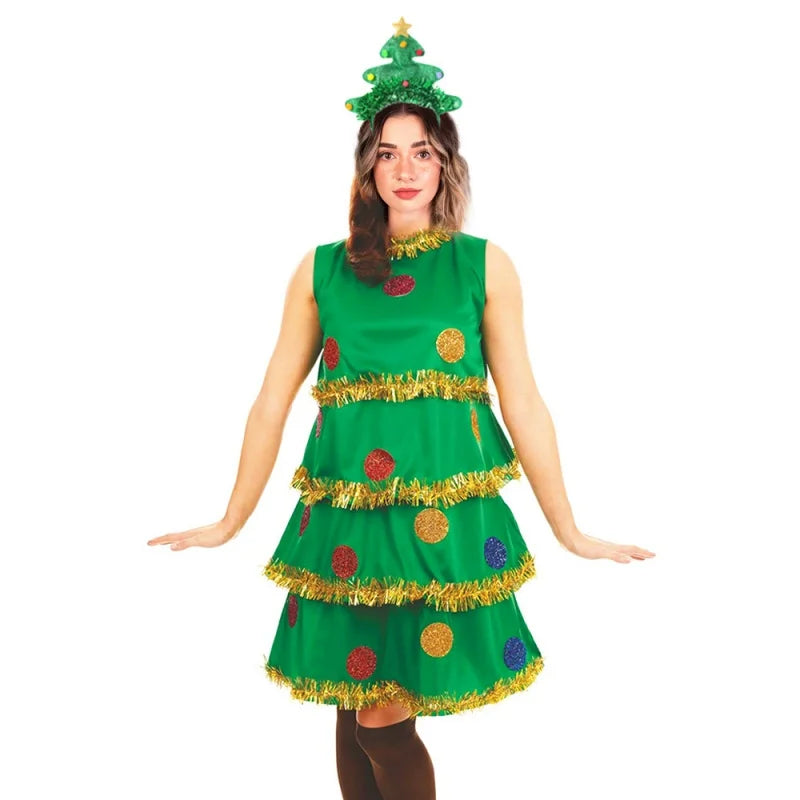 Women Christmas Tree Costume Sleeveless Cake Dress + Headband + Glasses + Long Socks + Bag