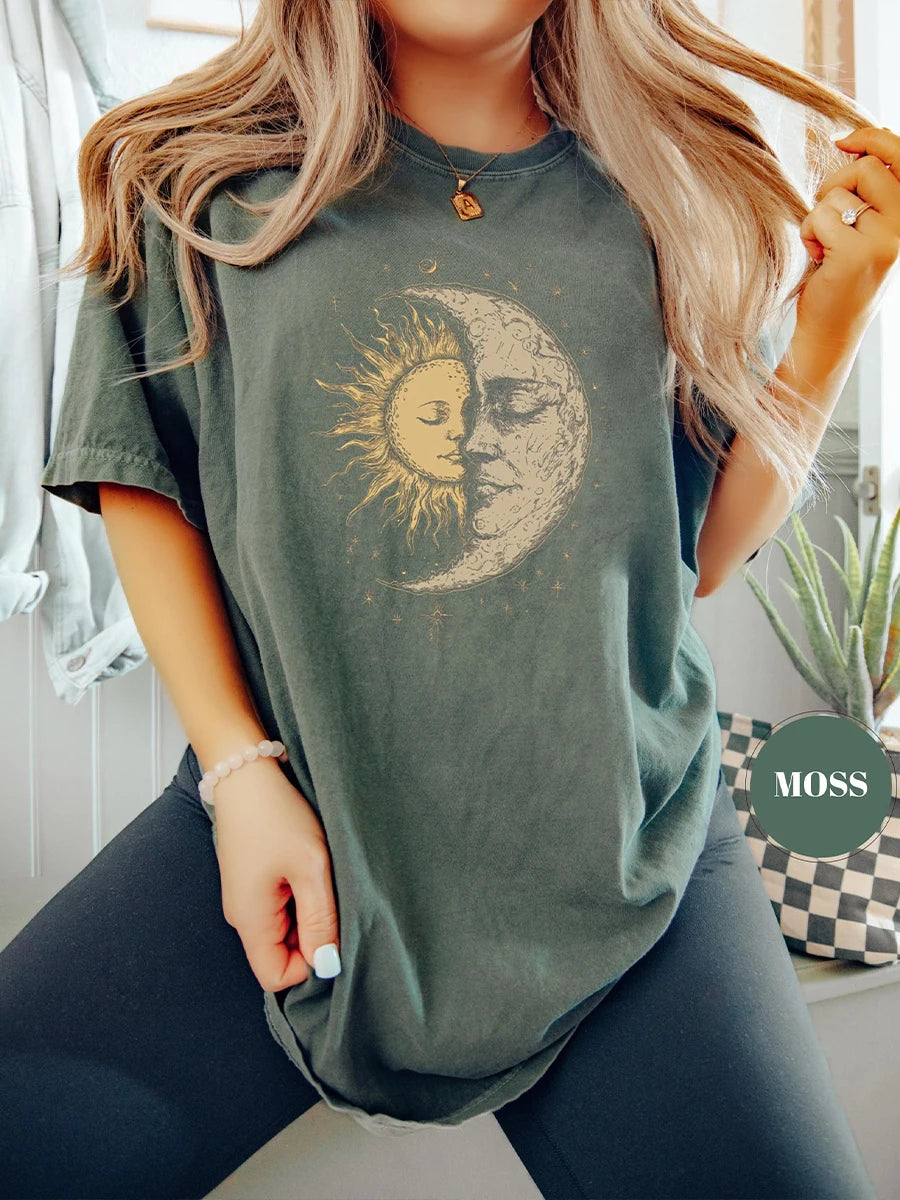 Mystical Sun and Moon Face T-Shirt Vintage Celestial