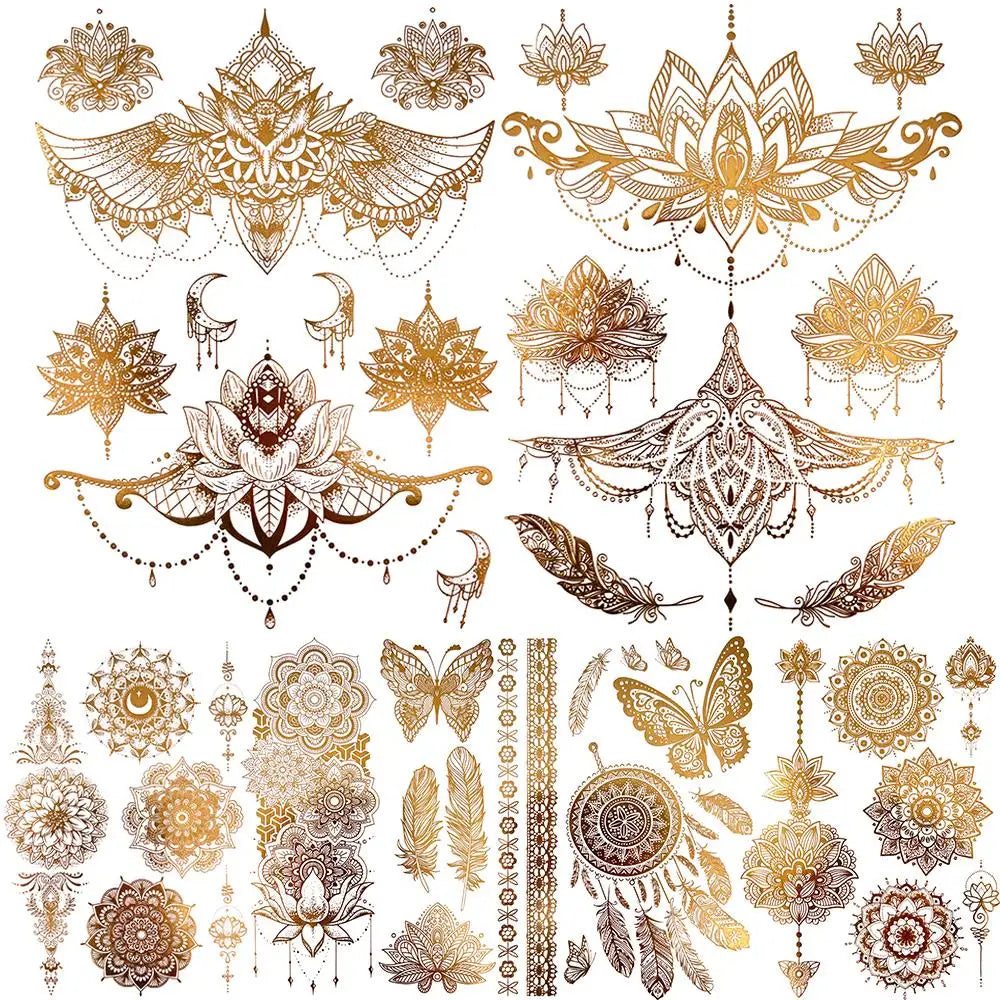 Golden Lotus Temporary Tattoos Mandala Butterfly Dream Catcher Body Art