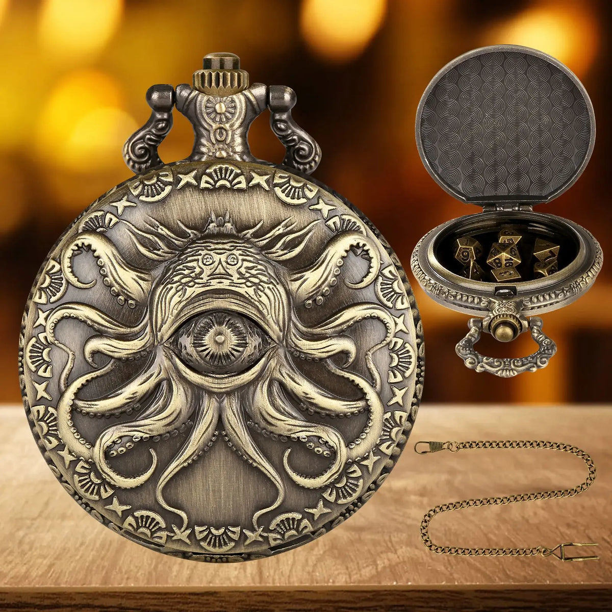 Brass DND Dice Case Vintage Cthulhu Pocket Watch One Eyed Octopus Pocket Watch Style Case