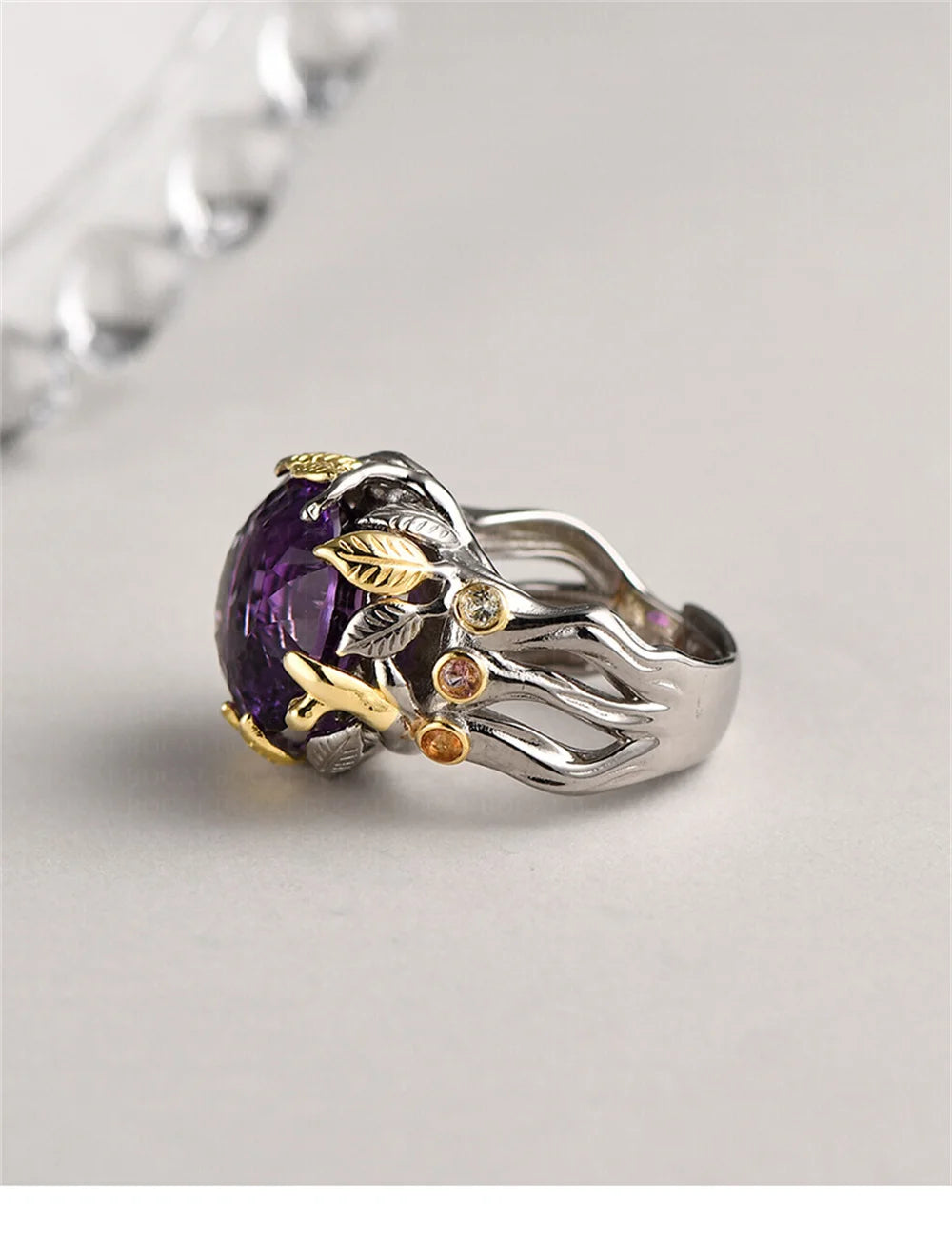 The Weaver's Treasures S925 Sterling Silver Rings Golden Leaves Natural Amethyst Tourmaline