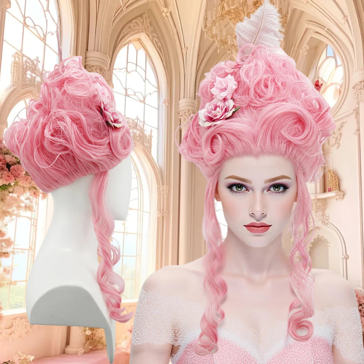 Pink Fluffy High-Top Cosplay Wig Queen's Hairstyle with Feather Flowers