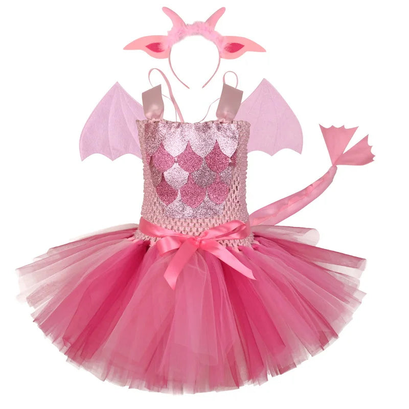 Girls Pink Dragon Halloween Costume with Ears and Tail