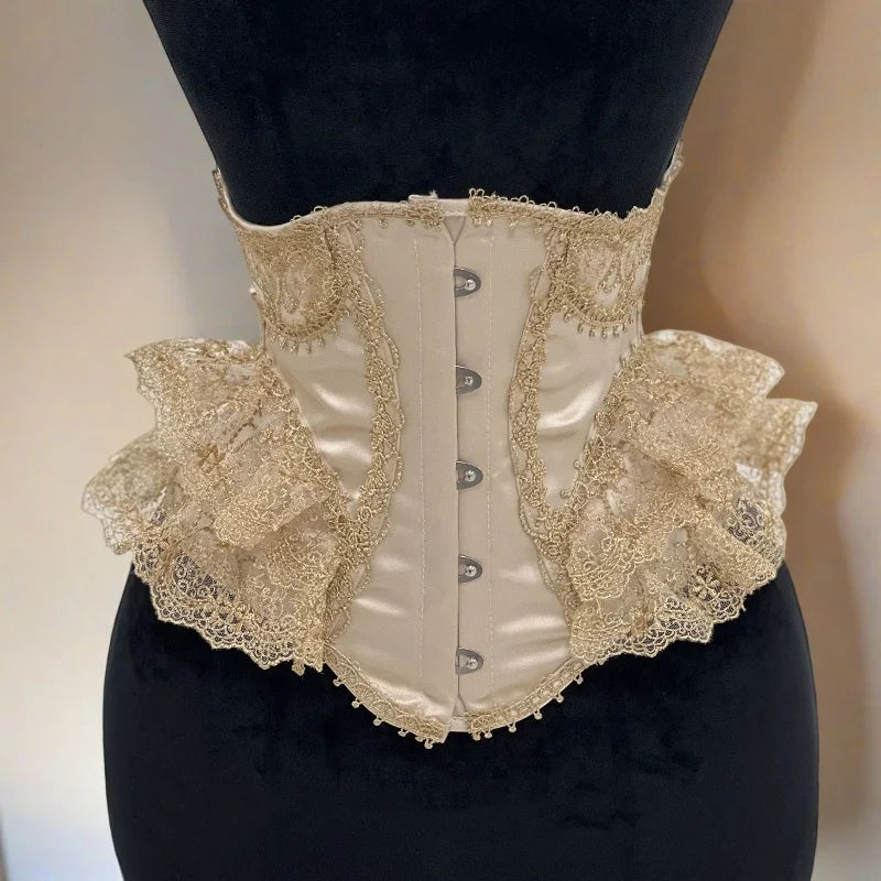 Lolita Lace Up Boned Waist Trainer Stage Costume Victorian Lace Ruffles