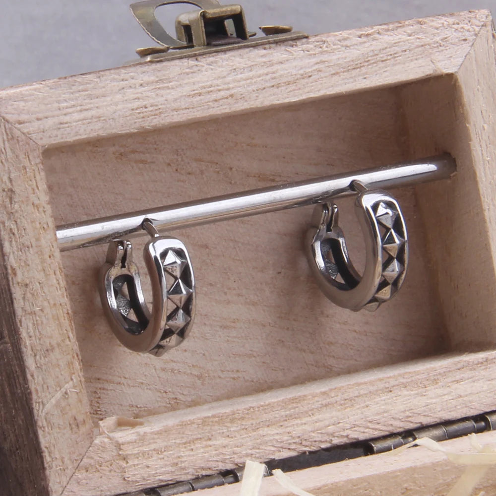 Viking Rivet Stainless Steel Huggie Hoop Earrings for Men with Wooden Box
