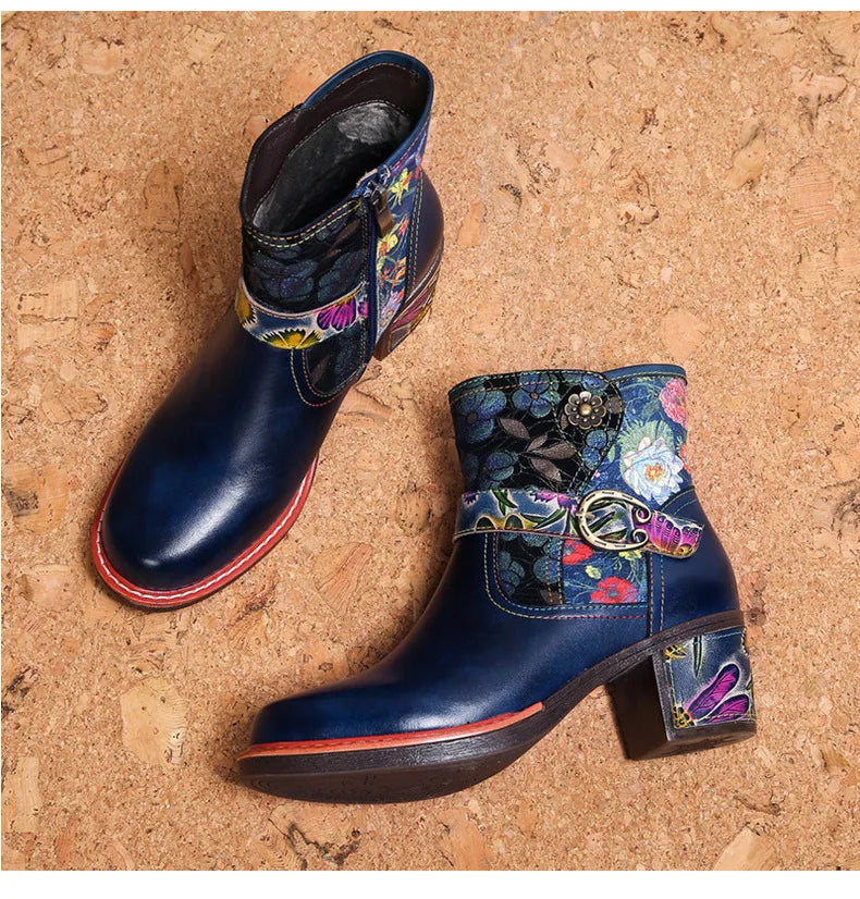 Violet's Floral Boots Genuine Leather Hand-painted Short Boots