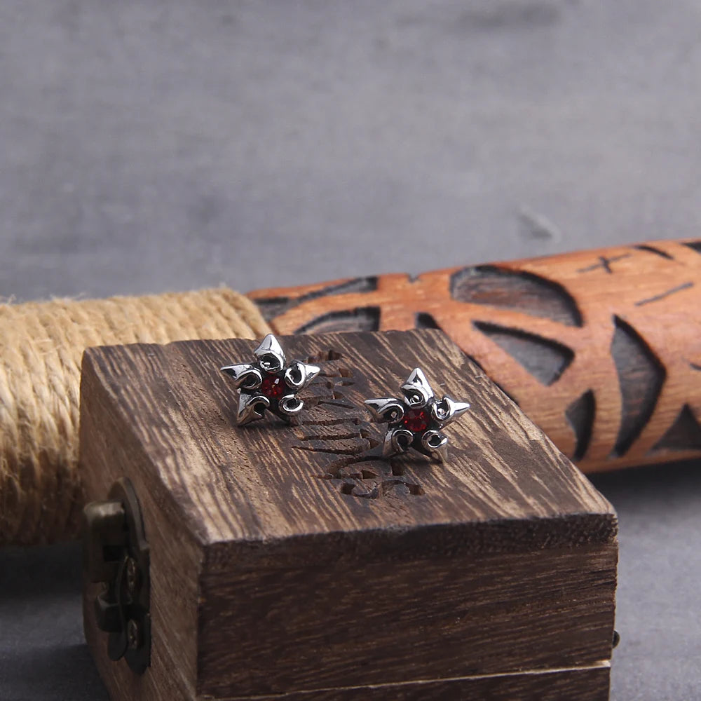 Pentagonal Star Stainless Steel Stud Hoop Earrings for Men with Wooden Box